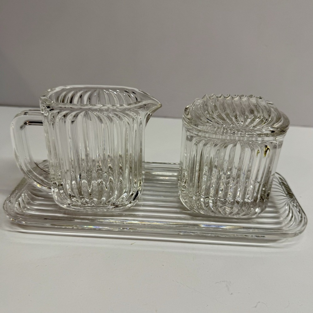Villeroy Boch Crystal "Quadra" Set of Creamer, Sugar Bowl w/Lid Tray Art Deco
